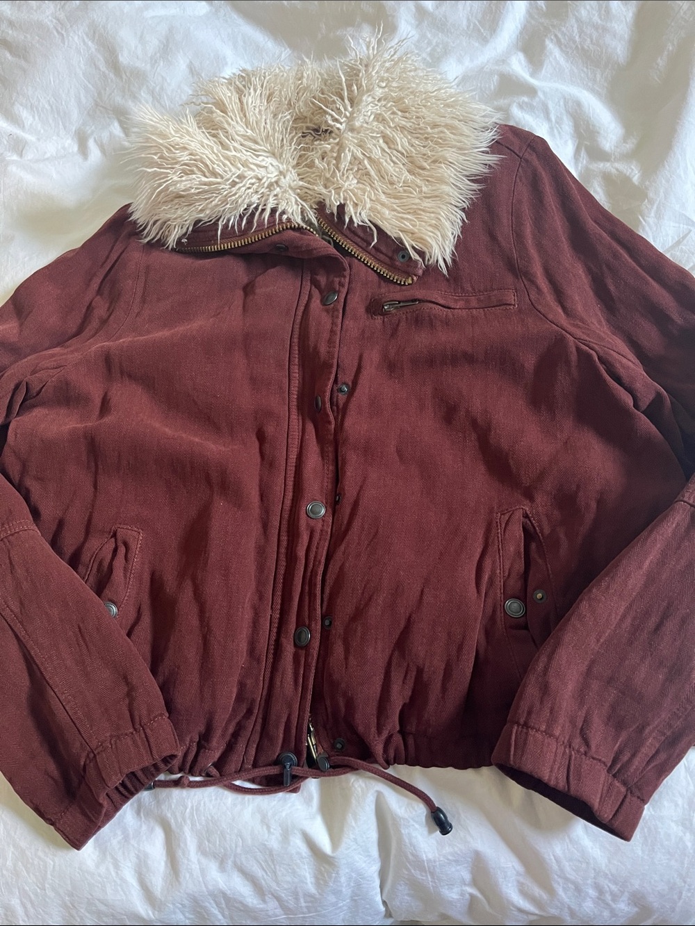 Free people maroon brown shearling lined collar bomber jacket rare